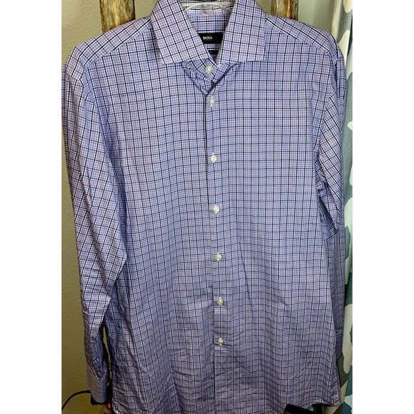 Boss‎ Hugo Boss Man’s Sharp Fit Purple Plaid Print Long Sleeve Shirt 15.5 32/33 - Picture 1 of 6